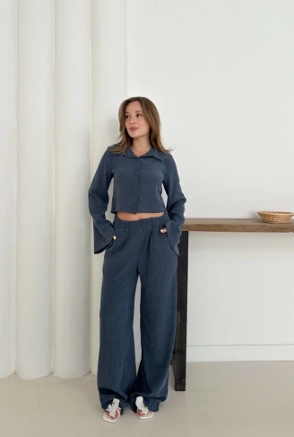 Gömlek yaka kaplama düğmeli takım lacivert st265866