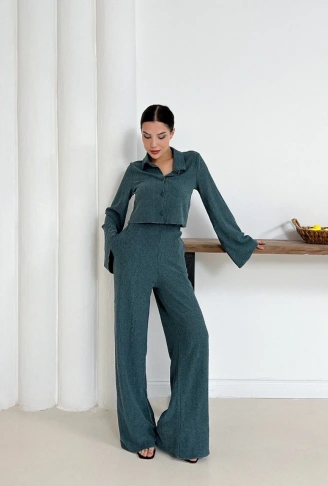 Gömlek yaka kaplama düğmeli takım petrol yeşili st265866