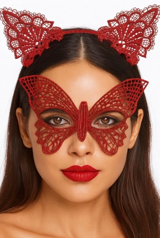 Gösterişli Kırmızı Dantel Maske ve Taç Seti 7 No – Masquerade ve Davetler için (4940)