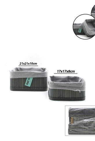 GRİ 2 BOY KARE BAMBU KENAR ORGANİZER SEPET AHŞAP ALTLIK - BEZLİ 18X21CM (4940)