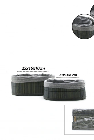 GRİ 2 BOY OVAL BAMBU KENAR ORGANİZER SEPET AHŞAP ALTLIK - BEZLİ 21X14-25X16CM (4940)