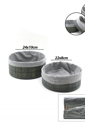 GRİ 2 BOY YUVARLAK BAMBU KENAR ORGANİZER SEPET AHŞAP ALTLIK - BEZLİ ÇAP=22X24CM (4940)