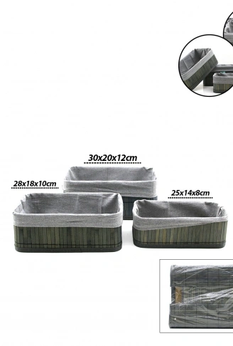 GRİ 3 BOY D.DÖRTGEN BAMBU KENAR ORGANİZER SEPET AHŞAP ALTLIK - BEZLİ 25X14-28X18-20X30CM (4940)