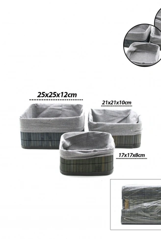 GRİ 3 BOY KARE BAMBU KENAR ORGANİZER SEPET AHŞAP ALTLIK - BEZLİ 17X21X25CM (4940)