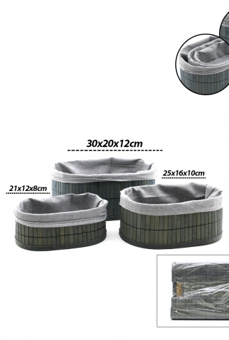 GRİ 3 BOY OVAL BAMBU KENAR ORGANİZER SEPET AHŞAP ALTLIK - BEZLİ 12X21-16X25-20X30CM (4940)