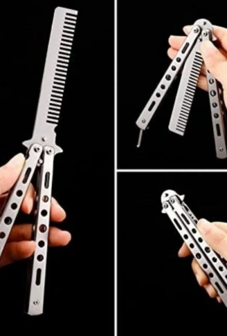 Gri Katlanabilir Paslanmaz Çelik Kelebek Bıçak Tarak Sakal Bıyık Fırçası Profesyonel Saç Kesimi İçin Tarak (4940)