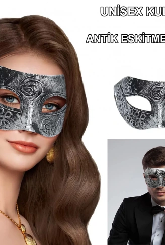 Gümüş Eskitme Yüz Maskesi - Antik Tarz Balo Maskesi (4940)