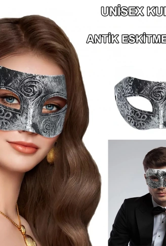 Gümüş Eskitme Yüz Maskesi - Antik Tarz Balo Maskesi (4940)