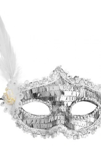 Gümüş Payetli Pullu Beyaz Renk Yandan Tüylü Parti Maskesi 18x22 cm (4940)