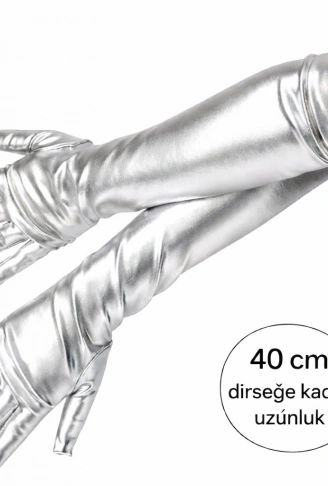 Gümüş Renk Dirsek Altı Lüks Saten Eldiven 40 cm (4940)