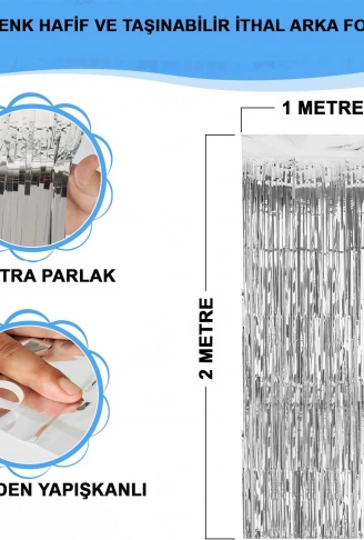 Gümüş Renk Ekstra Metalize Parlak Saçaklı Arka Fon Perde İthal A Kalite 1x2 Metre (4940)