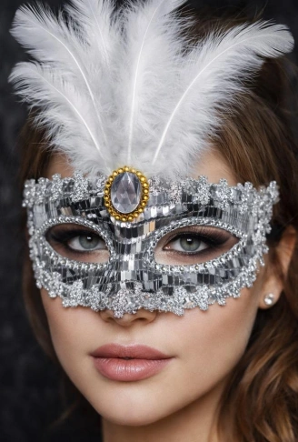 Gümüş Renk Payetli Pullu Tüylü Parti Maskesi 17x20 cm (4940)