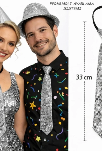 Gümüş Renk Pul Payetli Işıltılı Parti Kravatı 33 cm (4940)