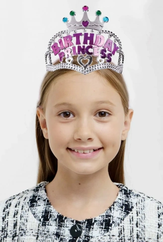Gümüş Renk Taç Üzeri Pembe Birthday Prenses Yazılı Çocuk Parti Tacı 11X12 cm (4940)