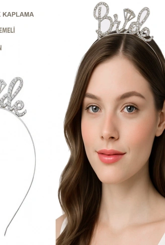Gümüş Renkli Taşlı “Bride” Gelin Tacı – El Yazısı Yazı Tipiyle (4940)