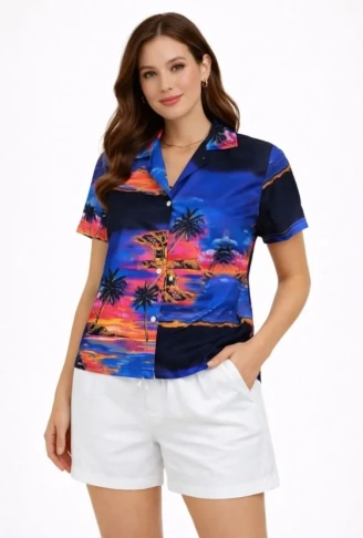 Gün Batımı Tropikal Desenli Kısa Kol Gömlek Şort Takım Yazlık Rahat Kalıp - Desenli