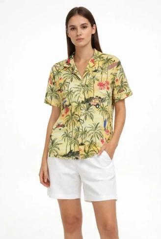 Gün Batımı Tropikal Desenli Kısa Kol Gömlek Şort Takım Yazlık Rahat Kalıp - Desenli
