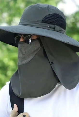 Güneş Koruyuculu Nefes Alabilen Maskeli ve Boyun Kapaklı Geniş Kenarlı Balıkçı Şapkası (4940)