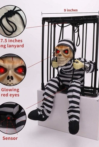 Hareketli Sesli Sensörlü Mahkum Görünümlü Kuru Kafa İskelet Dekorasyon 22x27 cm (4940)