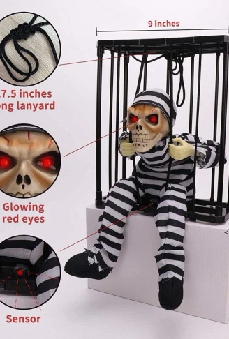 Hareketli Sesli Sensörlü Mahkum Görünümlü Kuru Kafa İskelet Dekorasyon 22x27 cm (4940)