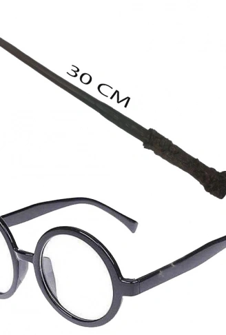 Harry Potter Asası 30 cm ve Siyah Çerçeveli Harry Potter Gözlüğü Seti (4940)