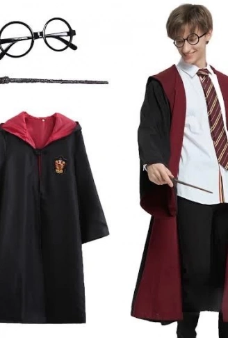 Harry Potter Gryffindor Kapişonlu Çocuk Kostüm + Asa + Gözlük Seti 9-10 Yaş (4940)