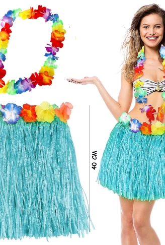 Hawaii Luau Aloha Mavi Püsküllü 40 cm Etek ve Hawaii Kolye Seti (4940)