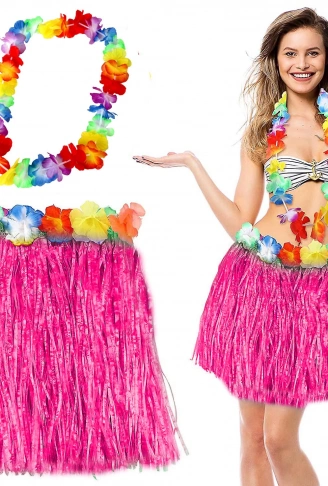 Hawaii Luau Aloha Pembe Püsküllü 40 cm Etek ve Hawaii Kolye Seti (4940)