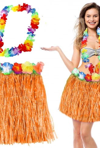 Hawaii Luau Aloha Turuncu Püsküllü 40 cm Etek ve Hawaii Kolye Seti (4940)