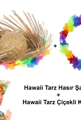 Hawaii Tarzı Tropikal Çiçekli Hasır Şapka ve Çiçekli Hawaii Kolye (4940)