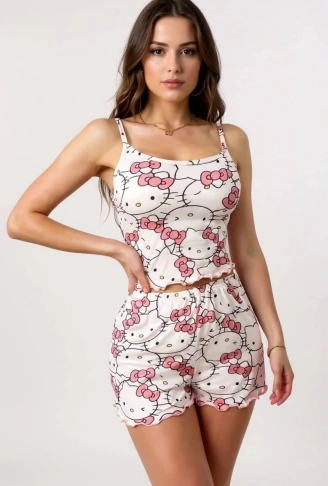 Hello Kitty Baskılı Askılı Şortlu Pijama Takımı