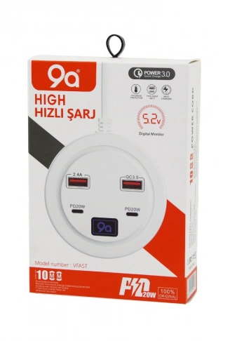 HIGH POWER 3.0  VFAST KY-100  ÇOKLU= 4 LÜ   HIZLI  ŞARJ SETİ  2AD -PD20W=TYPE-C  - 2.1A + QC3.0= USB  2.4W (4940)