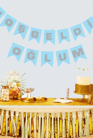 Hoşgeldin Oğlum Mavi Üzeri Gümüş Yeni Doğan Bebek Doğum Süsü Afiş Bayrak Flama 2.2 Metre (4940)