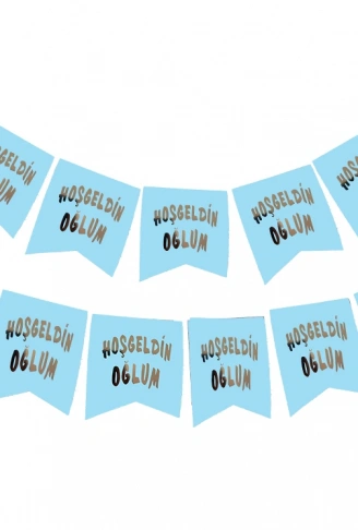 Hoşgeldin Oğlum Yazılı Mavi Üzeri Gümüş Yeni Doğan Bebek Doğum Süsü Afiş Bayrak Flama 2.2 Metre (4940)