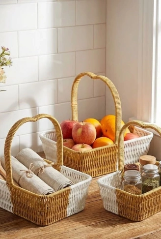 İç İçe Geçebilen 3’lü Çift Renkli Dikdörtgen Formlu Kalp Saplı Plastik Rattan Sepet Seti – Hasır Görünümlü Çok Amaçlı Organizerler (4940)