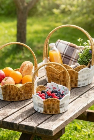 İç İçe Geçebilen 3’lü Çift Renkli Yuvarlak Dalgalı Formlu Saplı Plastik Rattan Sepet Seti – Hasır Görünümlü Çok Amaçlı Organizerler (4940)