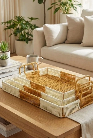 İç İçe Geçebilen 3’lü Dikdörtgen Plastik Rattan Tepsi Seti–Çift Renkli Hasır Görünümlü Çok Amaçlı Servis ve Sunum Tepsileri (4940)