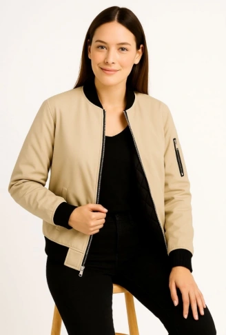 Içi Astarlı Fermuarlı Bomber Mont Ceket - Bej