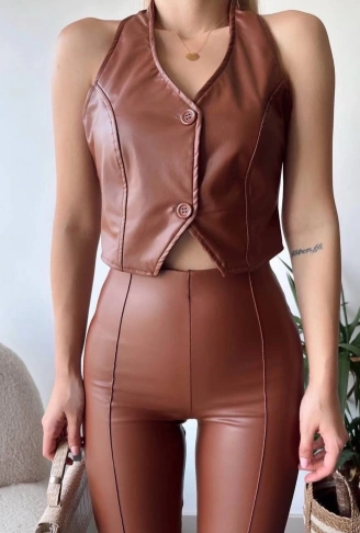 İki düğmeli deri yelek kahve s243001