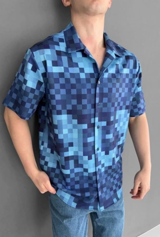 İki İplik Kumaş Baskılı Gömlek - Mavi