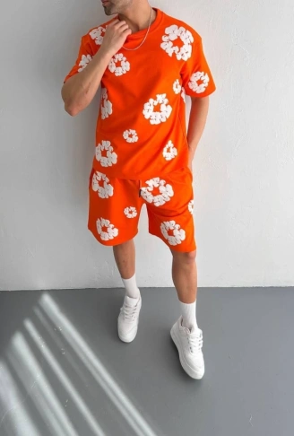 İki İplik Kumaş Baskılı T-shirt Şortlu Takım- Turuncu
