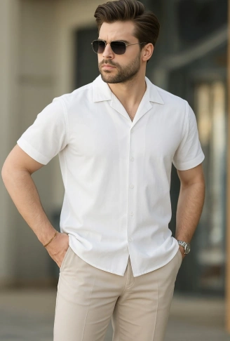 İki İplik Kumaş  Gömlek - Beyaz