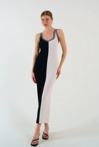 İki Renki Kolsuz Elbise - Siyah-Krem