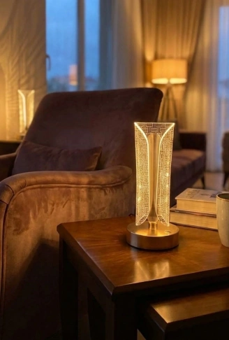 İki Yandan Kavisli Silindirik Çizgi Model Kristal LED Masa Lambası – Dokunmatik, 3 Renk Işık Modlu, Şarjlı Dekoratif Gece Lambası (4940)