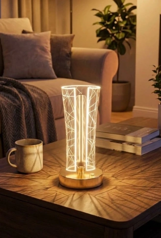 İki Yandan Kavisli Silindirik Geometrik Çizgi Model Kristal LED Masa Lambası – Dokunmatik, 3 Renk Işık Modlu, Şarjlı Dekoratif Gece Lambası (4940)