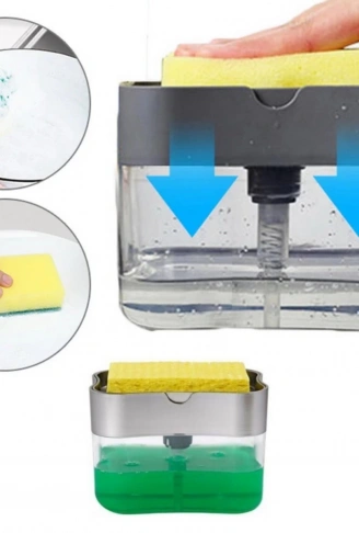 İkisi Bir Arada Basmalı Pratik Sıvı Sabunluk Pompası ve Bulaşık Yıkama Süngeri Haznesi (4940)