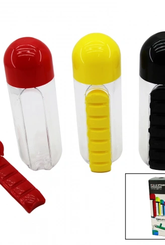 İLAÇ KUTULU PLASTİK SULUK MATARA RENKLİ BARDAK KAPAKLI 600ML (4940)