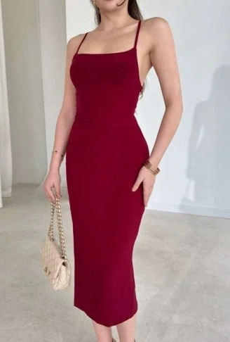 İp Askılı Sırt Dekolteli Bağlama Detaylı Yırtmaçlı Midi Elbise - Bordo