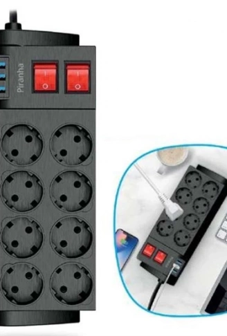 Isıya Dayanıklı Termal Akım Korumalı 2 Metre 16A 4000W 8li Priz ve 3 Usb Li Uzatma Kablosu (4940)