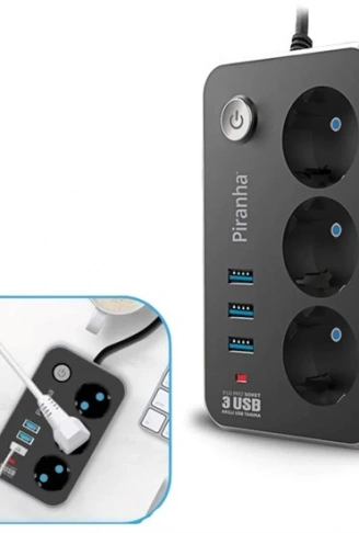 Isıya Dayanıklı Termal Akım Korumalı 2 Mt 10A 2500W 3lü Priz ve 3 Usbi 2.1A Uzatma Kablosu (4940)